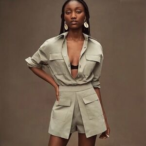 Anthropologies Mare Mare Long Sleeve Utility Romper In Green Size XL